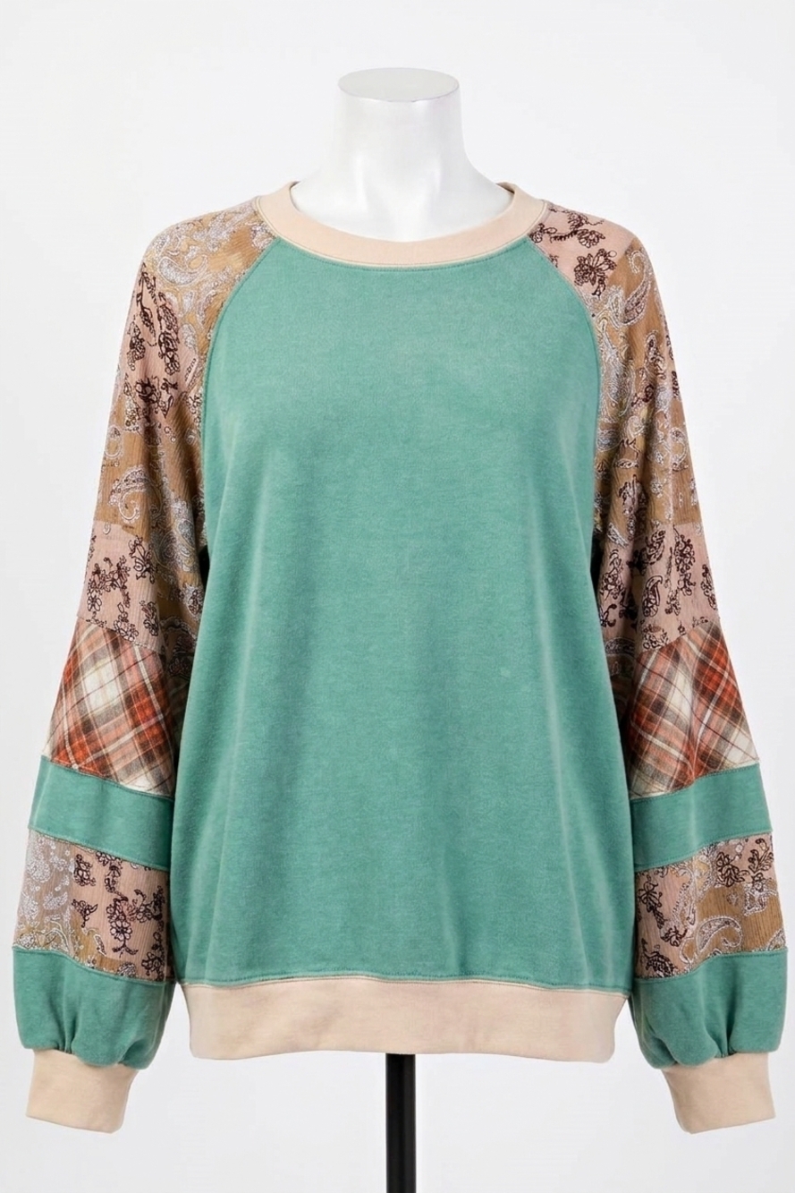 NEW EASEL print mix mineral washed top in green